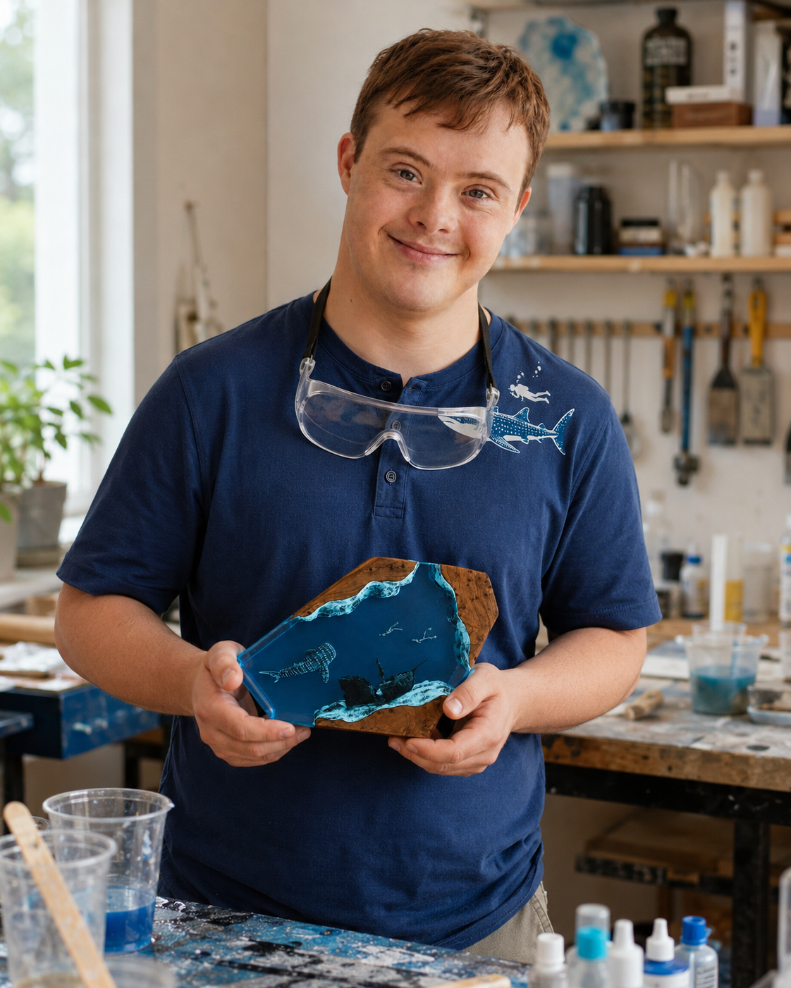 David in his workshop creating ocean resin artwork