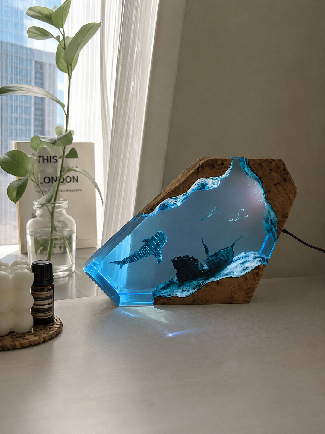 Ocean resin artwork on a bedside table
