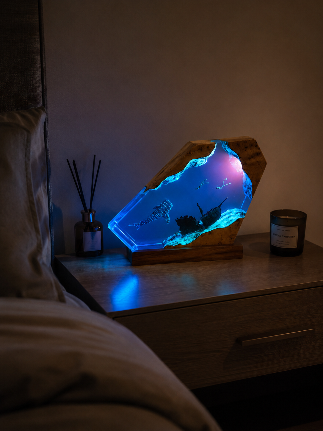Ocean resin artwork in a modern home office