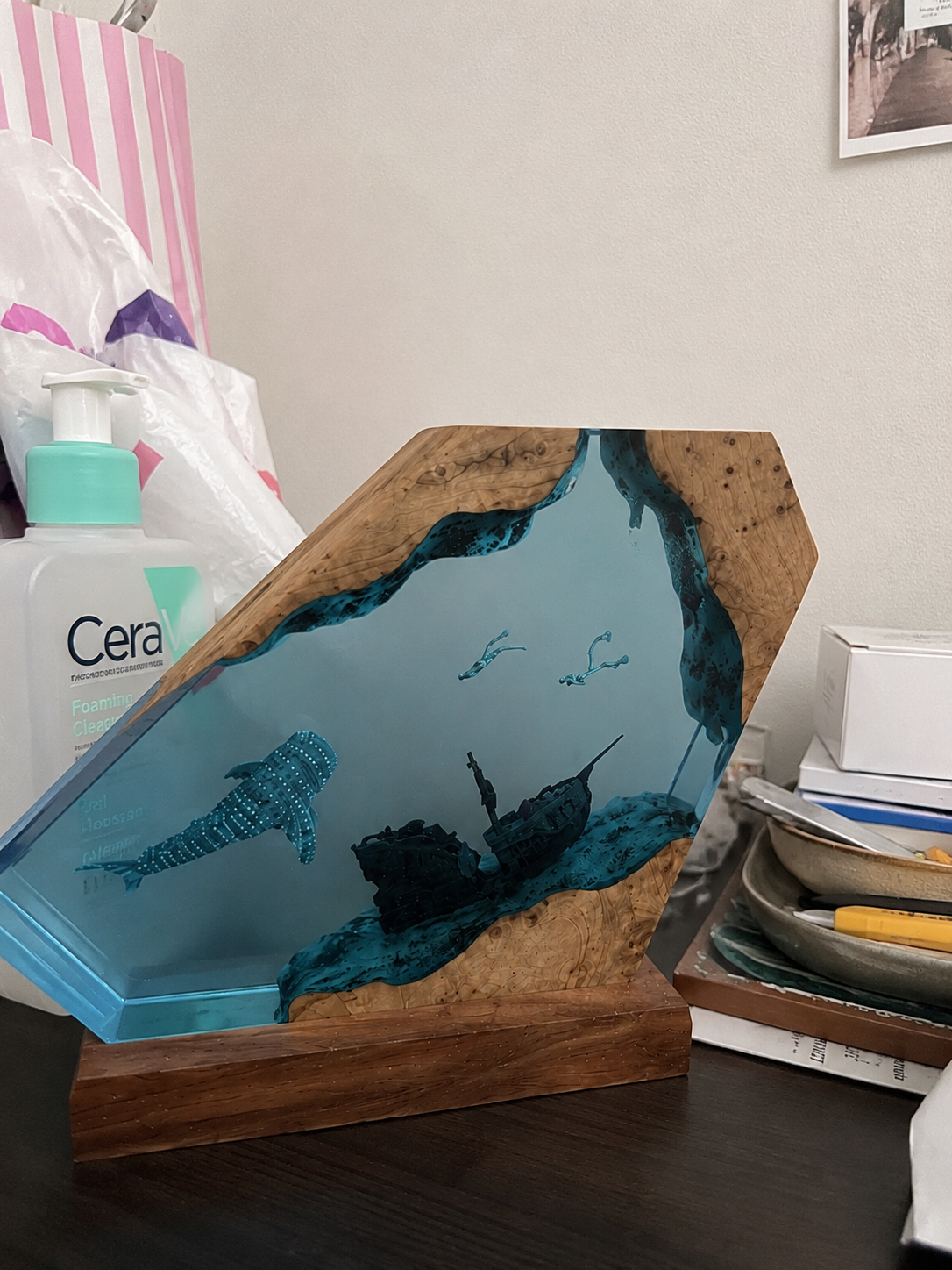 Ocean resin artwork on a console table